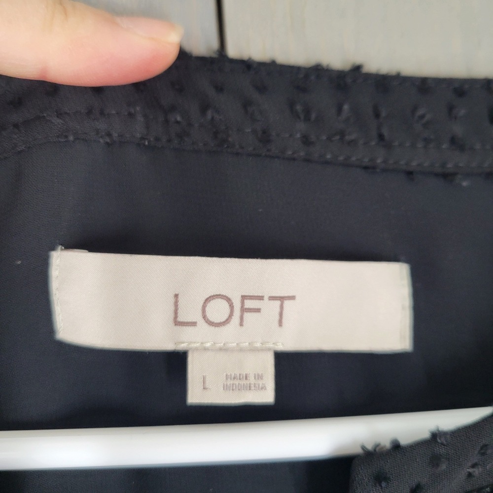 LOFT Blouse Women Large Black Clip Dot Velvet Trim Split Neck Long Sleeve Top - Picture 7 of 8